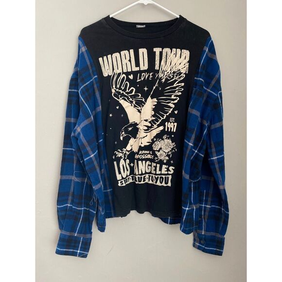 Band Flannel Tshirt, Reworked Flannel, Reworked Tshirt, Upcycled, - Picture 1 of 3
